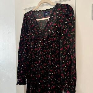 NWT GAP Satin Empire Midi Dress Black Floral 3/4 puff sleeve v neck lace trim xs